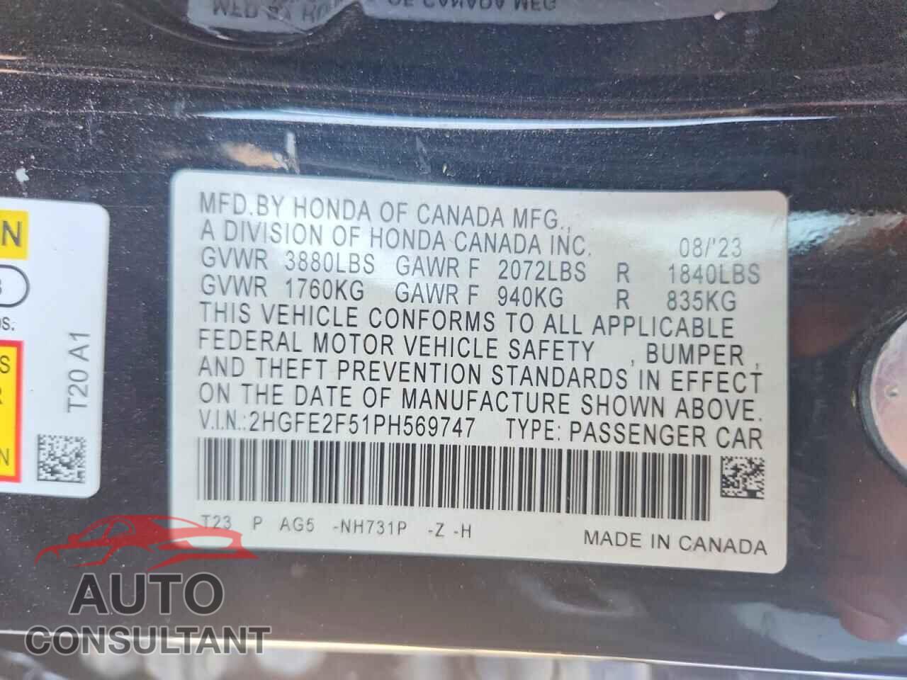 HONDA CIVIC 2023 - 2HGFE2F51PH569747