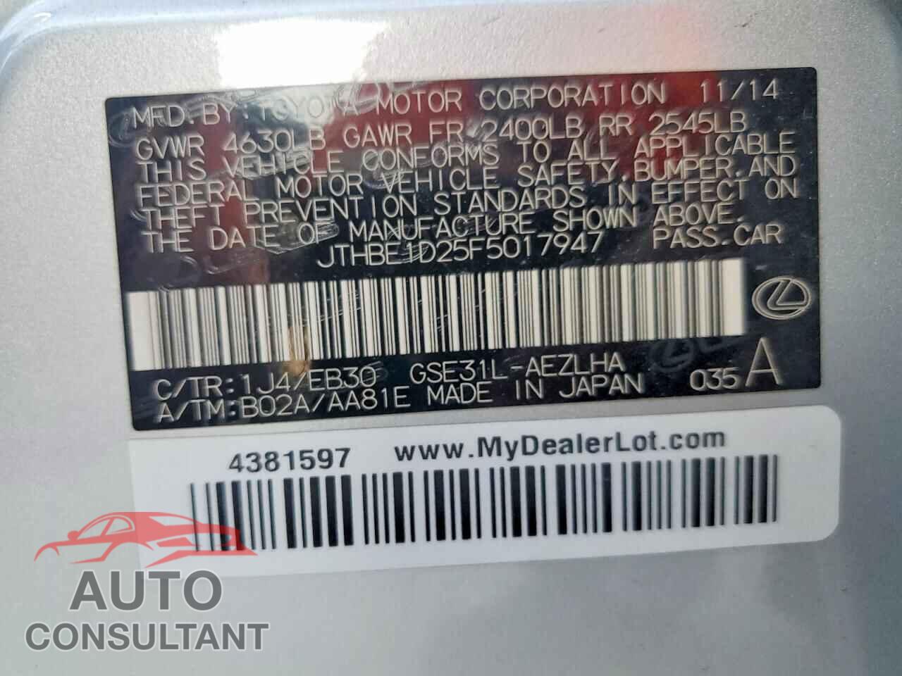 LEXUS IS 2015 - JTHBE1D25F5017947