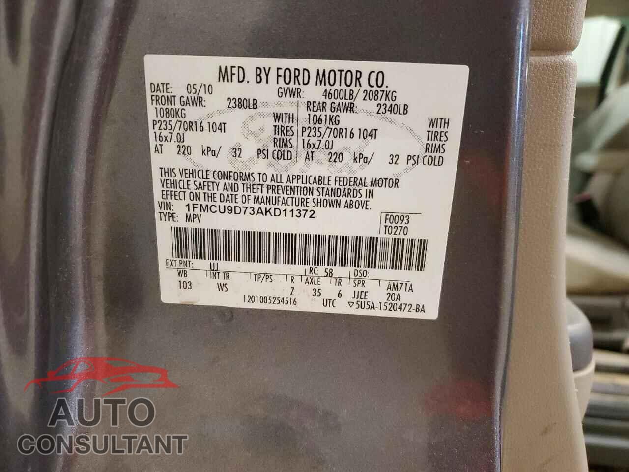 FORD ESCAPE 2010 - 1FMCU9D73AKD11372