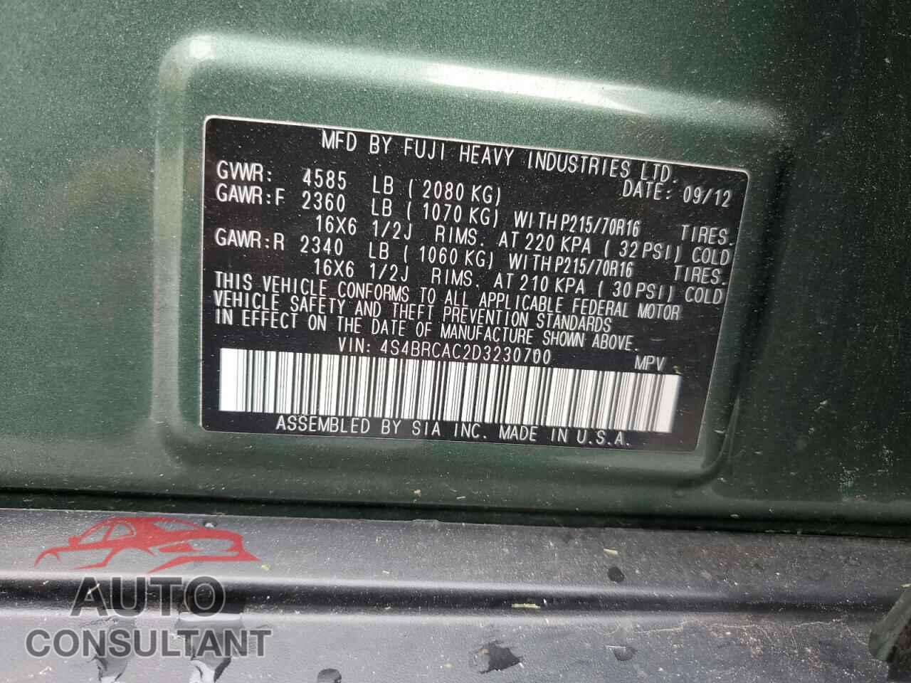 SUBARU OUTBACK 2013 - 4S4BRCAC2D3230700