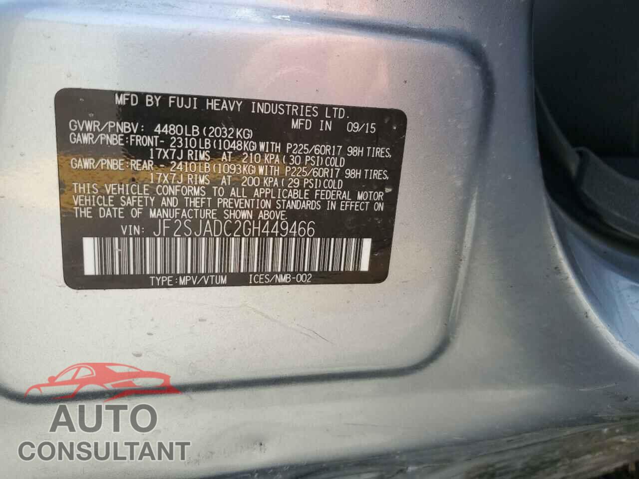 SUBARU FORESTER 2016 - JF2SJADC2GH449466