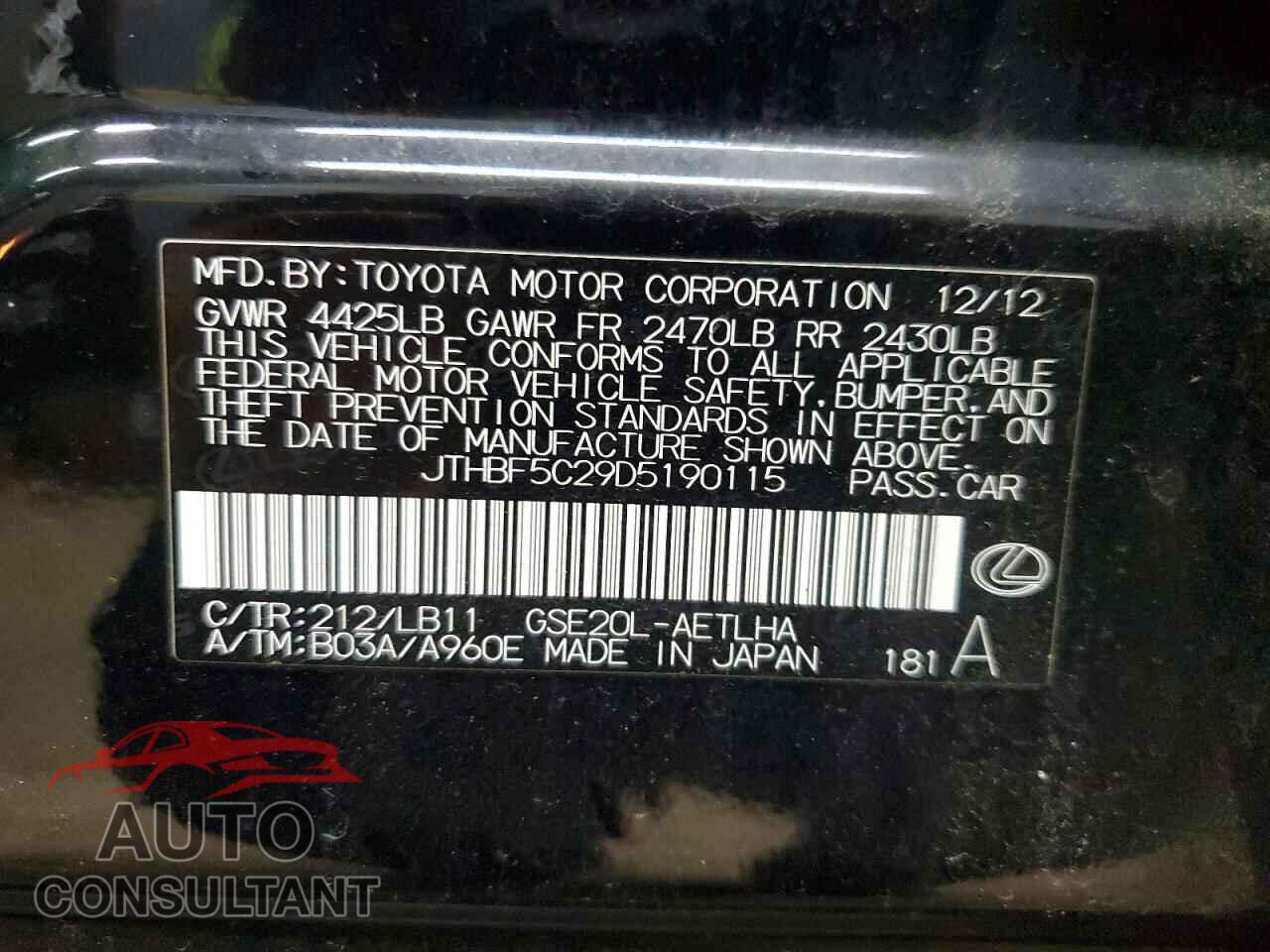 LEXUS IS 2013 - JTHBF5C29D5190115