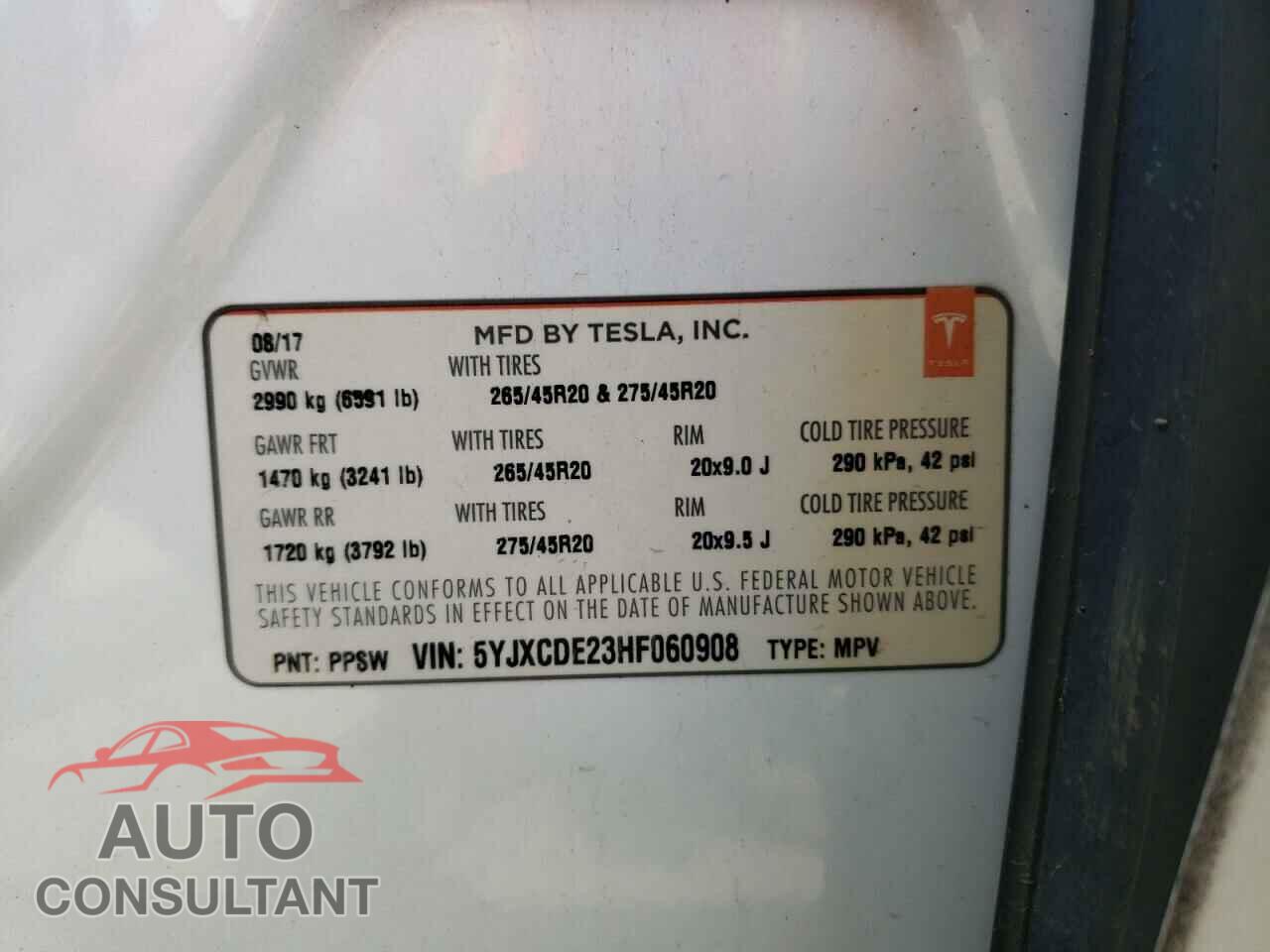 TESLA MODEL X 2017 - 5YJXCDE23HF060908