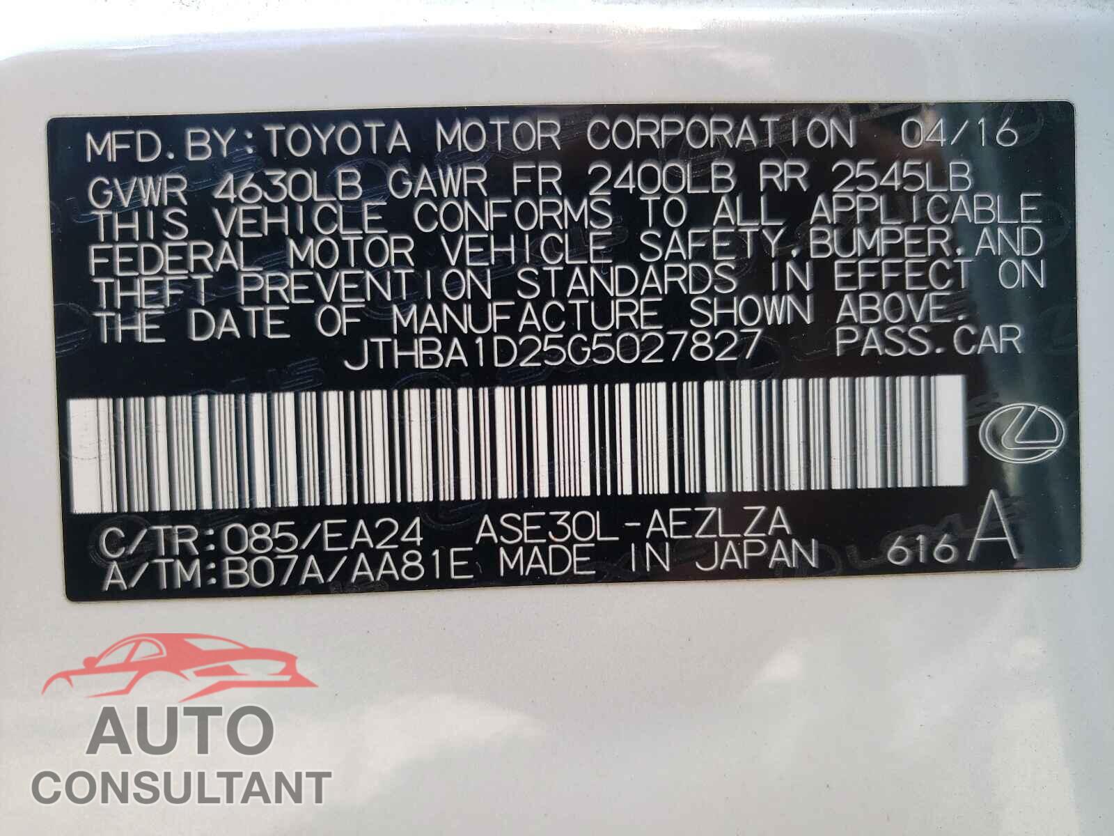 LEXUS IS 2016 - JTHBA1D25G5027827