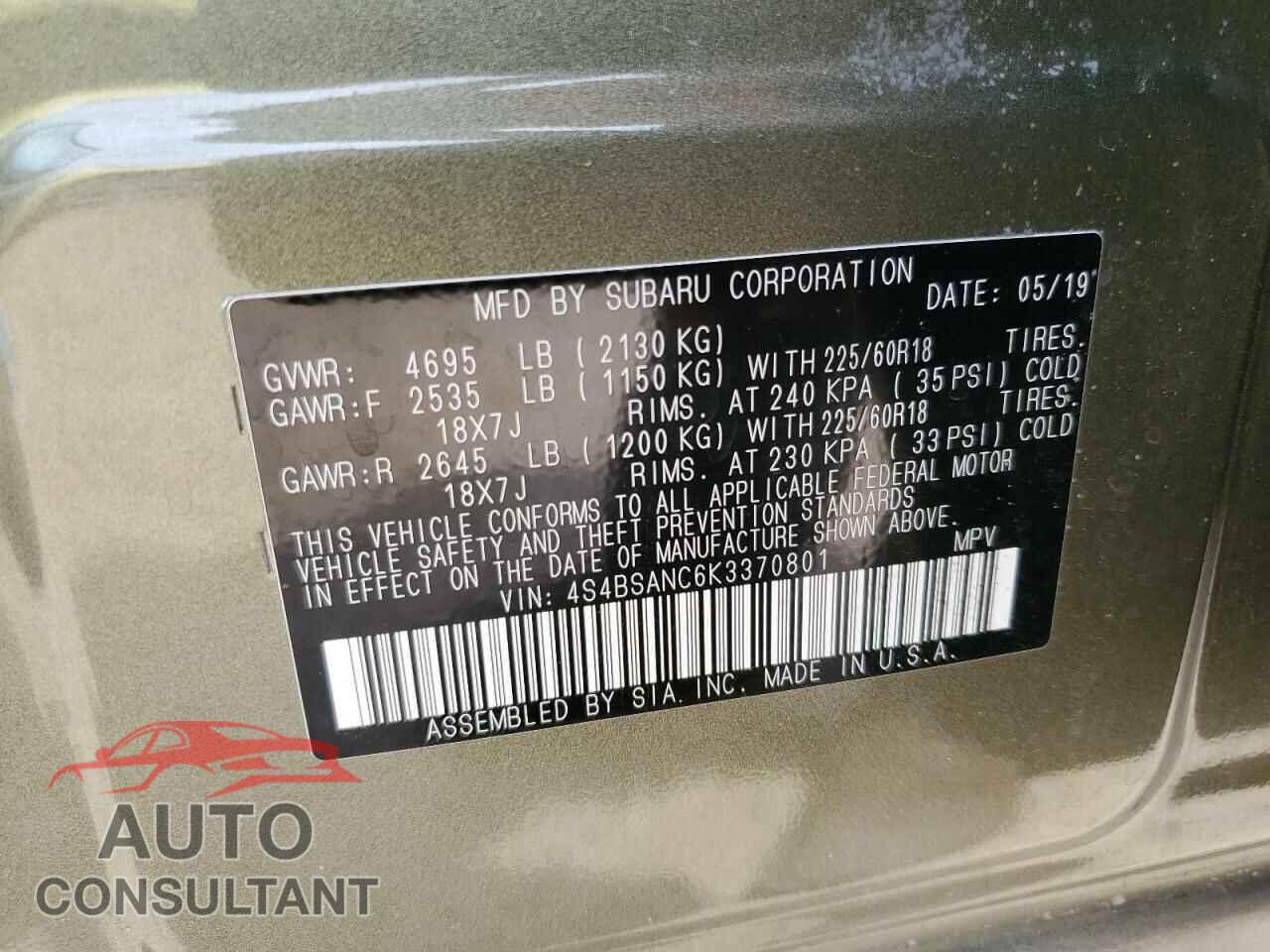 SUBARU OUTBACK 2019 - 4S4BSANC6K3370801