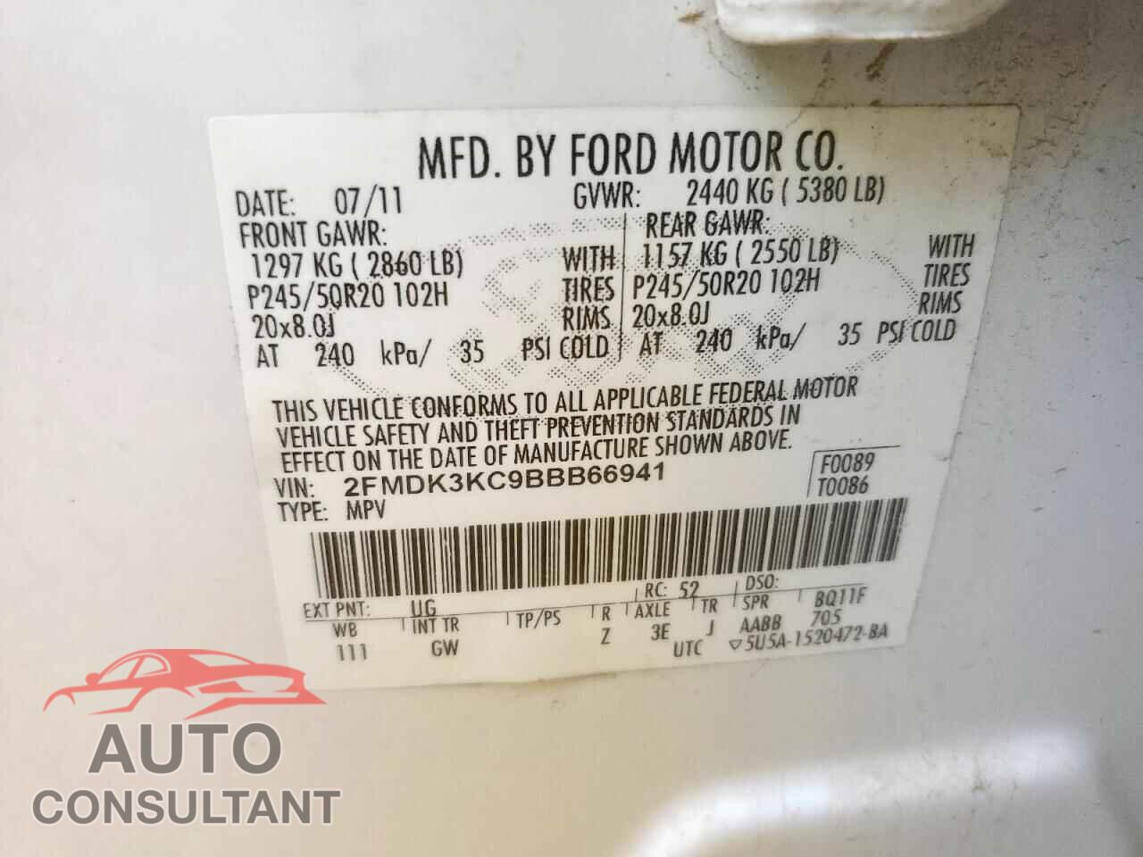 FORD EDGE 2011 - 2FMDK3KC9BBB66941
