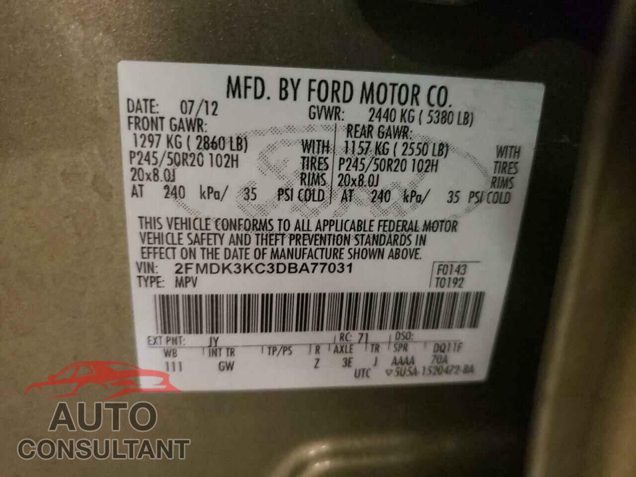 FORD EDGE 2013 - 2FMDK3KC3DBA77031