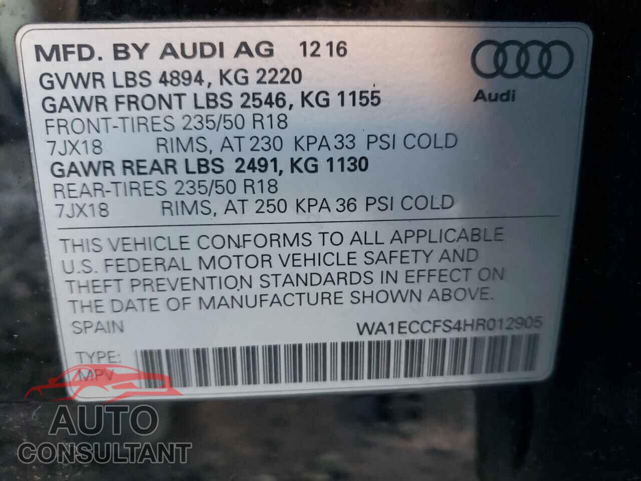 AUDI Q3 2017 - WA1ECCFS4HR012905