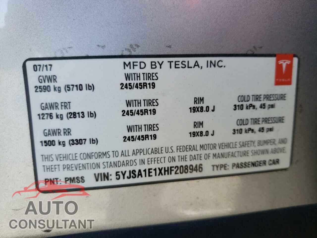 TESLA MODEL S 2017 - 5YJSA1E1XHF208946