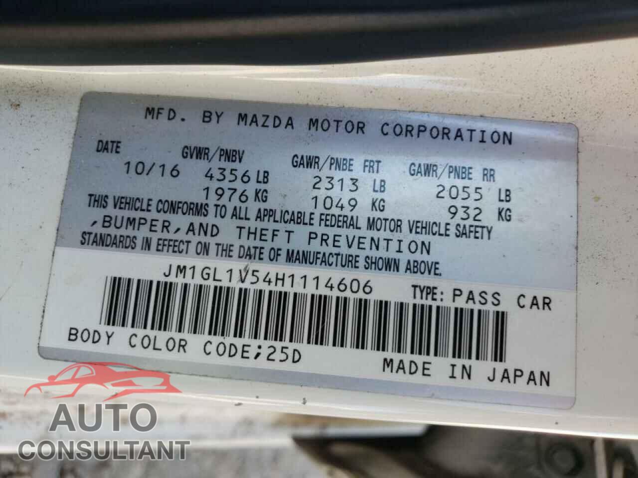 MAZDA 6 2017 - JM1GL1V54H1114606