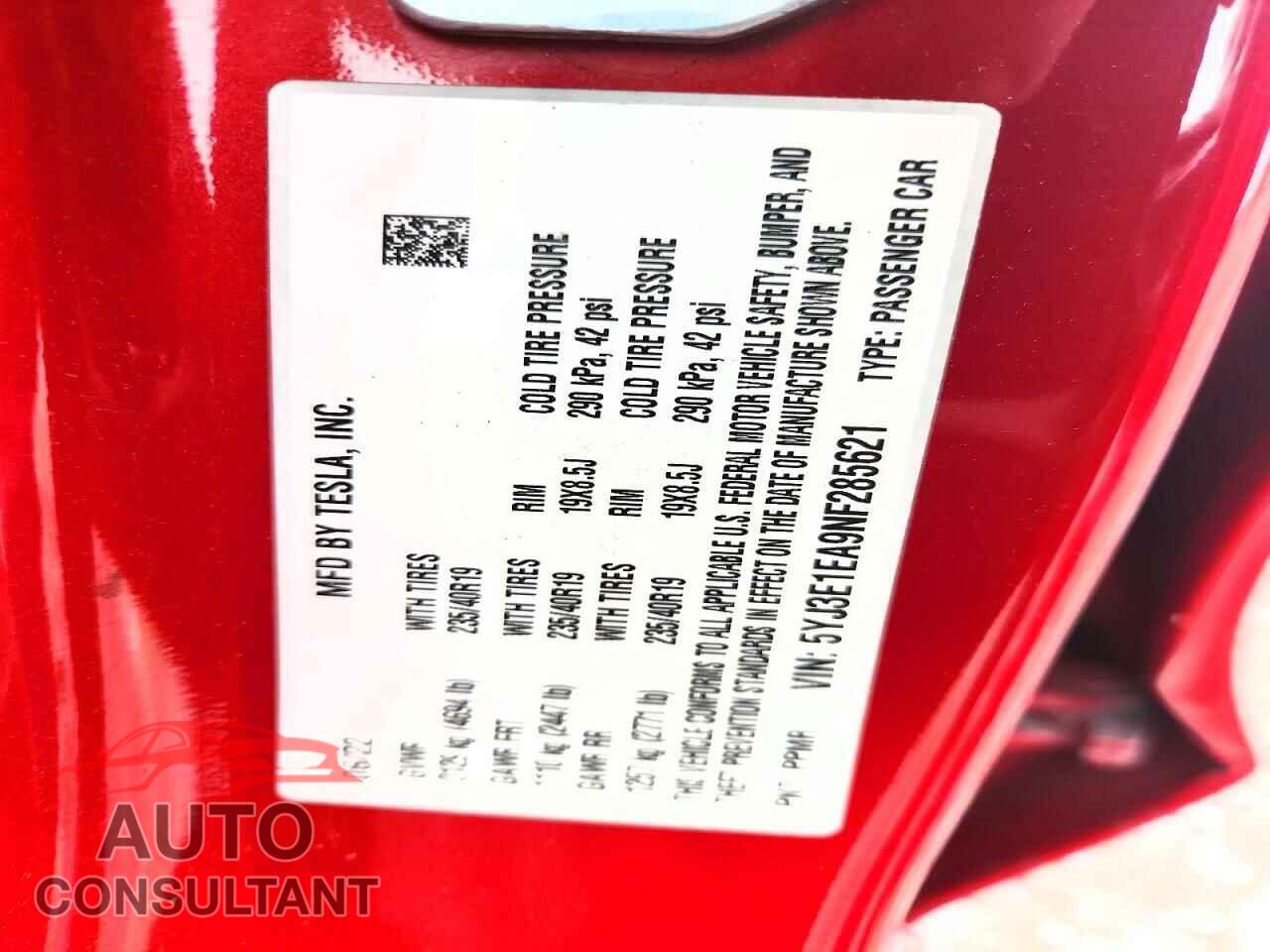 TESLA MODEL 3 2022 - 5YJ3E1EA9NF285621