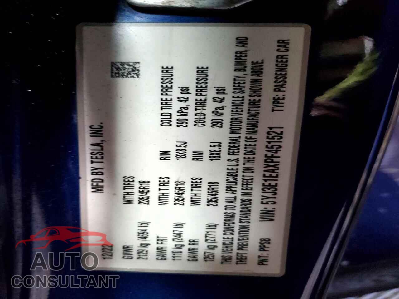 TESLA MODEL 3 2023 - 5YJ3E1EAXPF451521