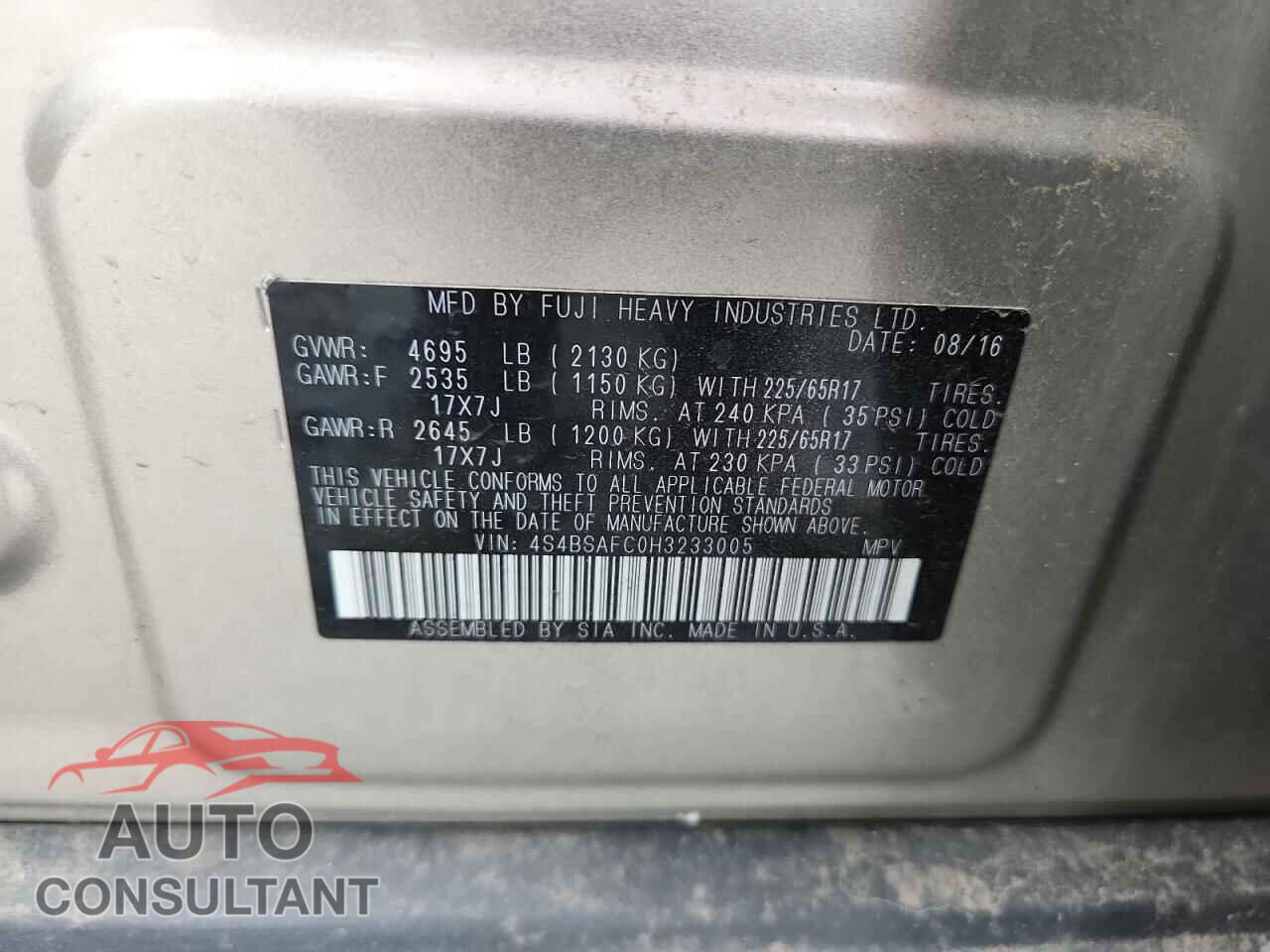 SUBARU OUTBACK 2017 - 4S4BSAFC0H3233005