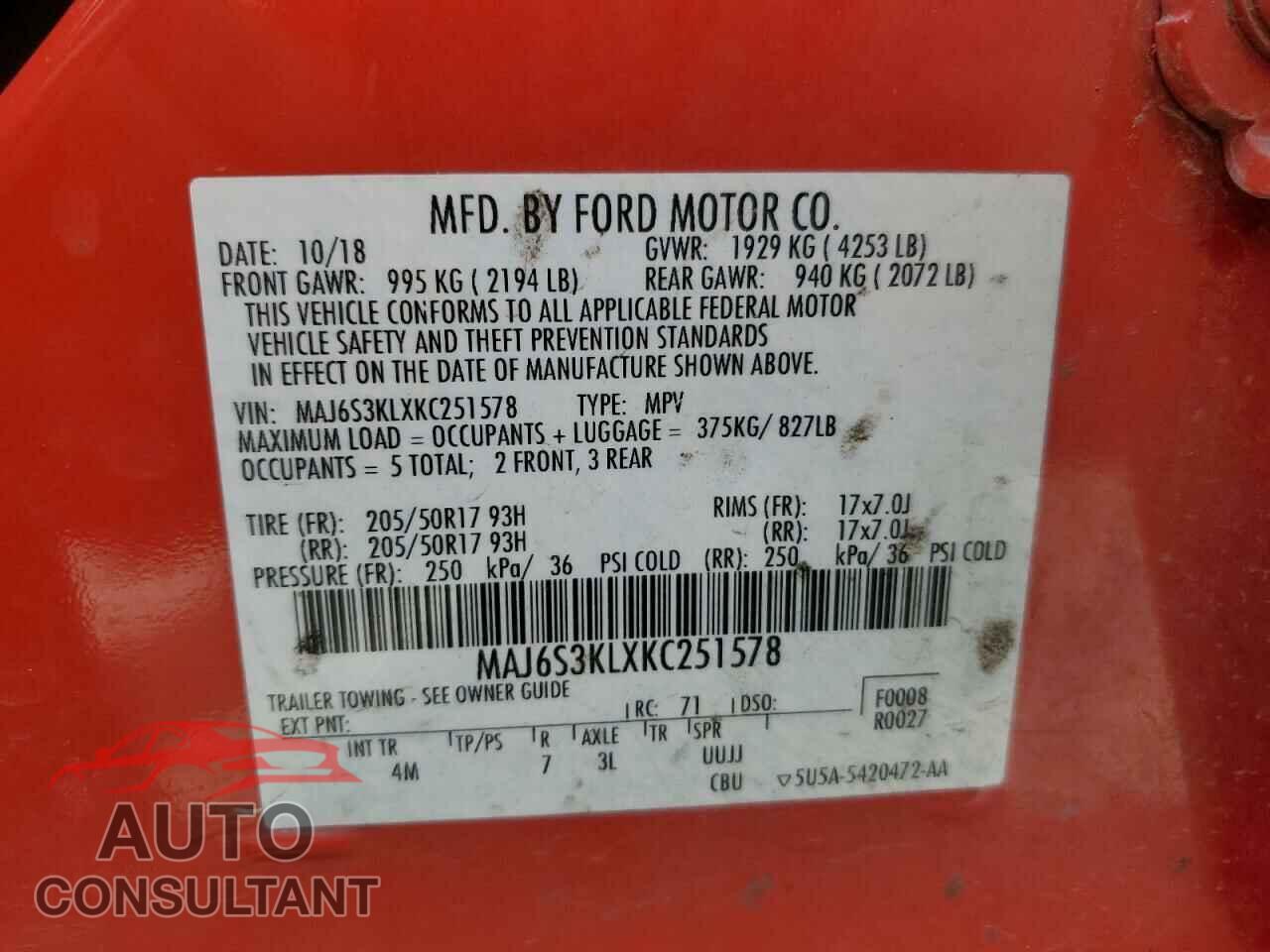 FORD ECOSPORT 2019 - MAJ6S3KLXKC251578