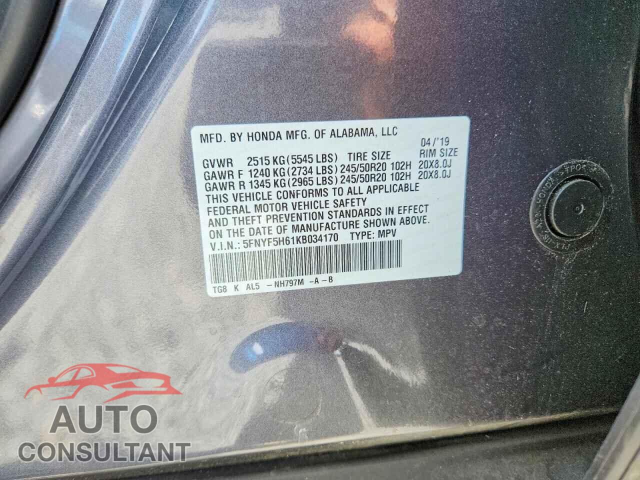 HONDA PILOT 2019 - 5FNYF5H61KB034170