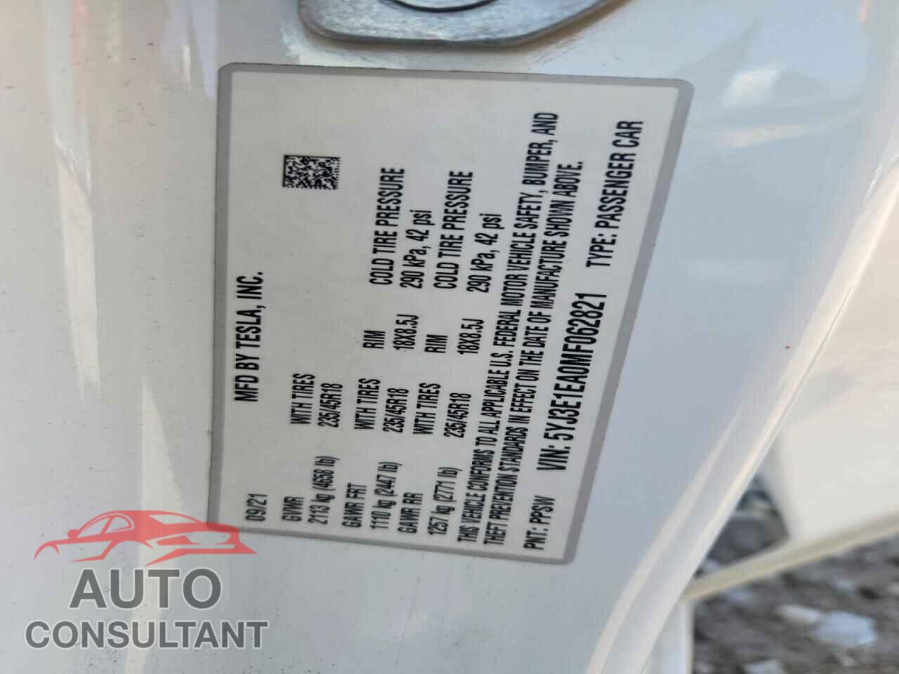 TESLA MODEL 3 2021 - 5YJ3E1EA0MF062821
