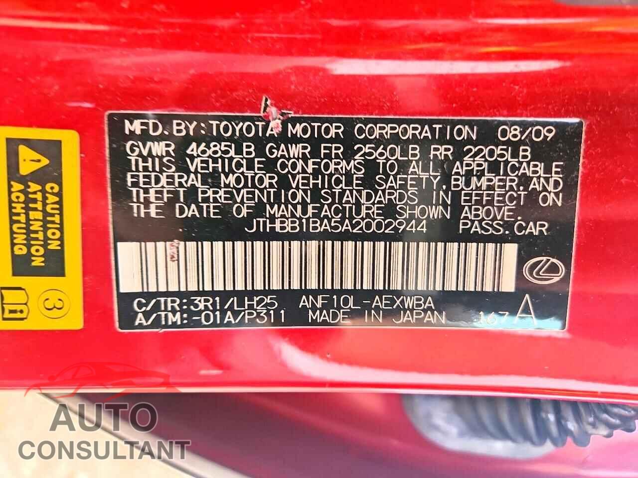 LEXUS HS 2010 - JTHBB1BA5A2002944