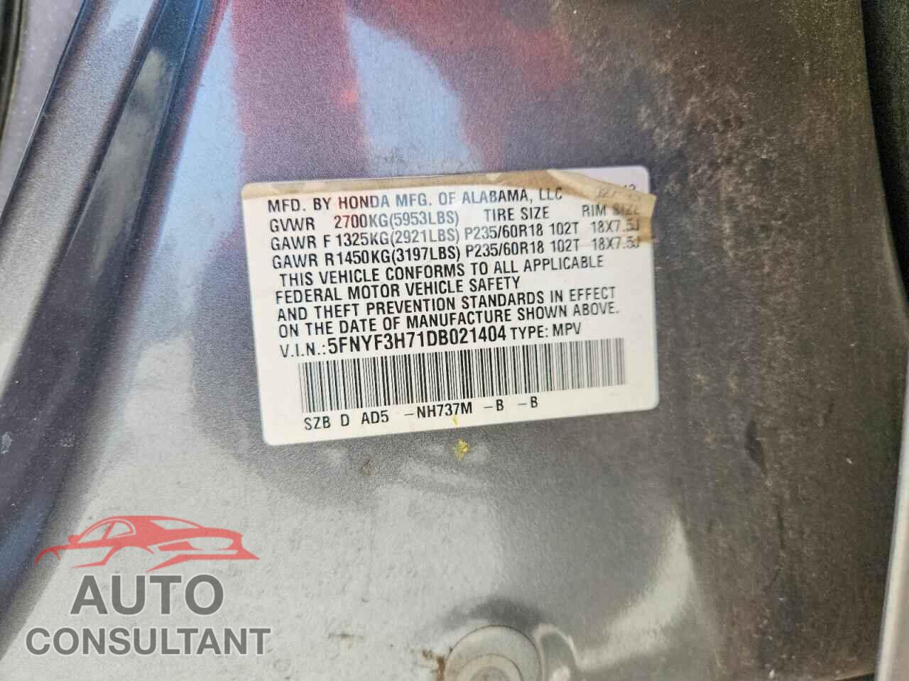 HONDA PILOT 2013 - 5FNYF3H71DB021404