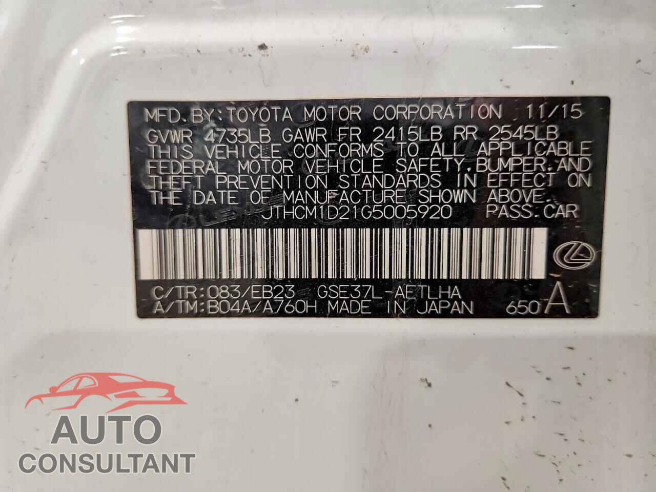 LEXUS IS 2016 - JTHCM1D21G5005920