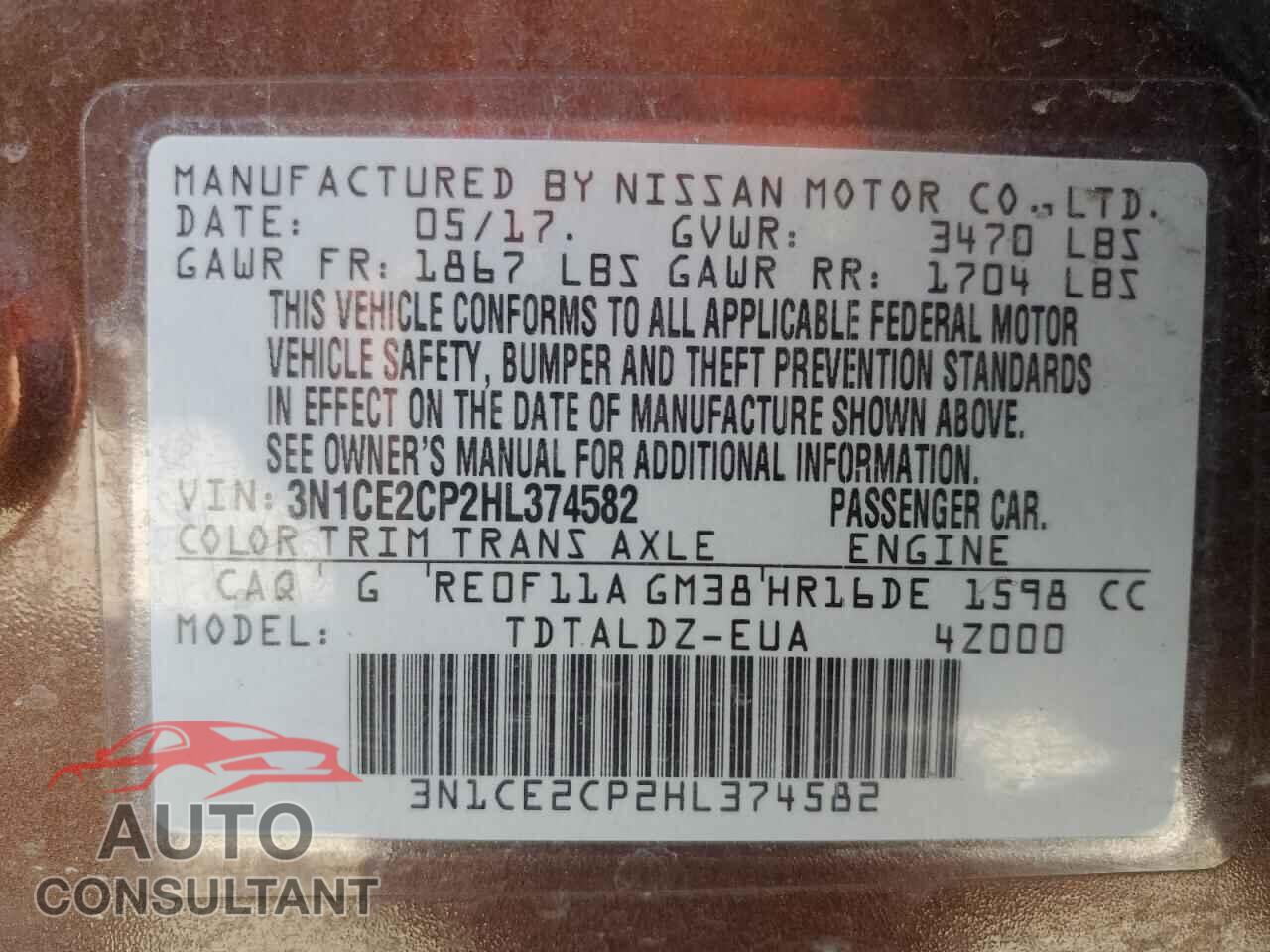 NISSAN VERSA 2017 - 3N1CE2CP2HL374582