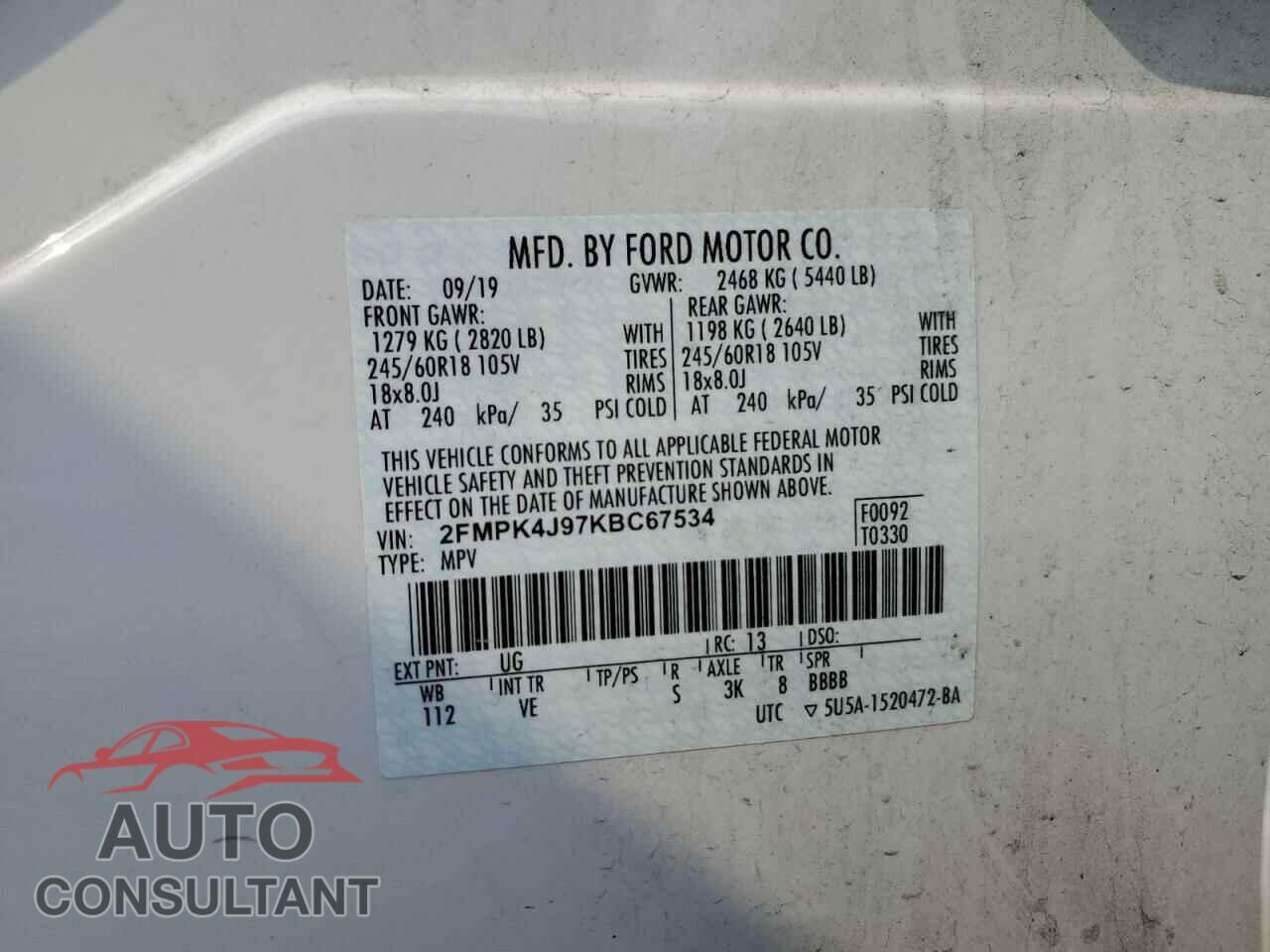 FORD EDGE 2019 - 2FMPK4J97KBC67534