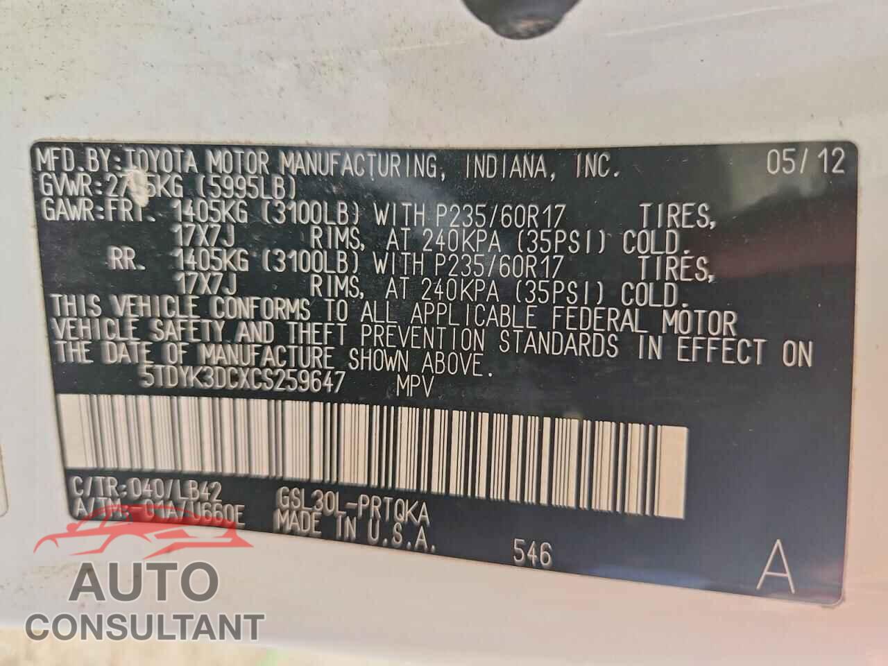 TOYOTA SIENNA 2012 - 5TDYK3DCXCS259647