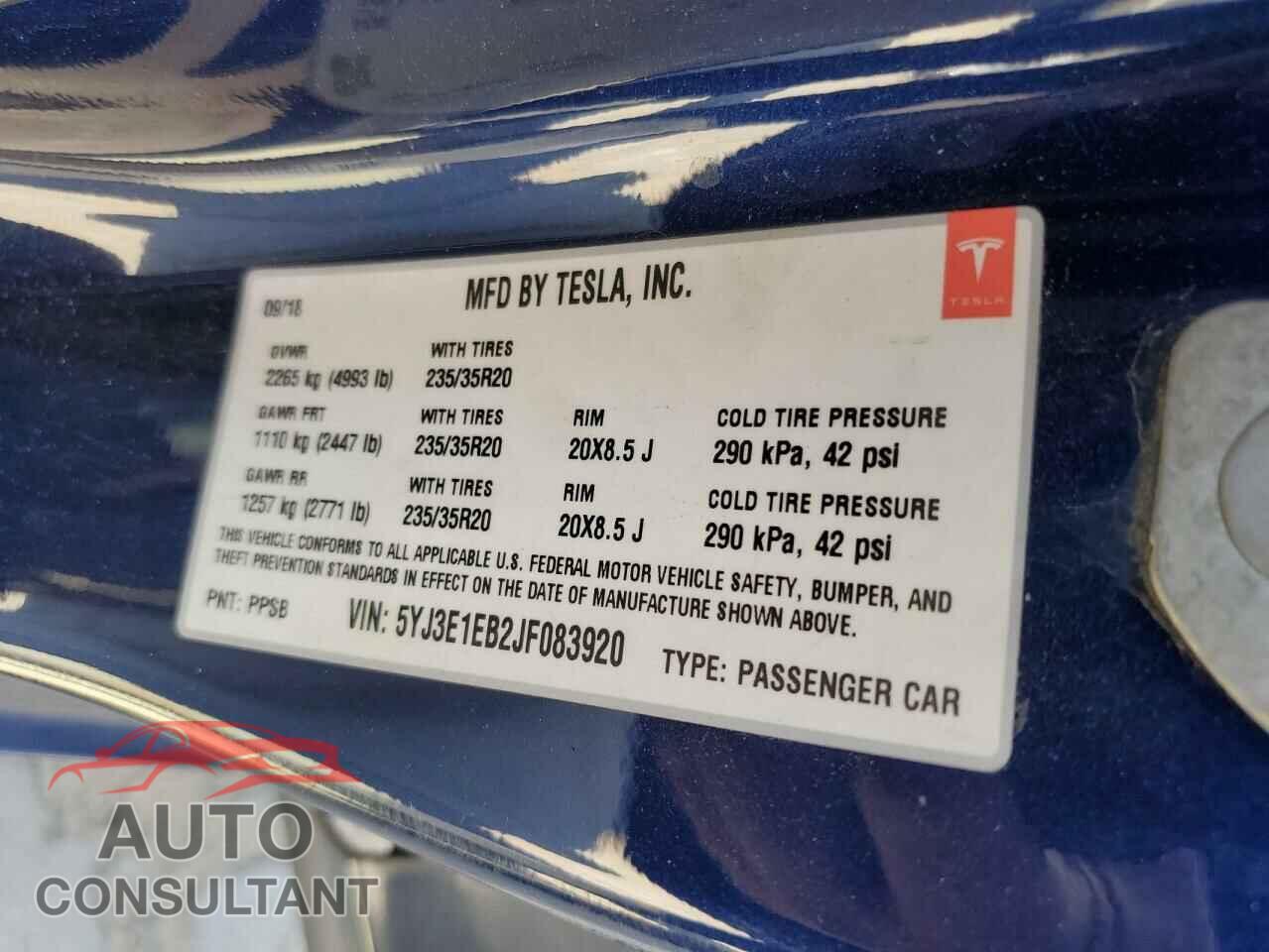TESLA MODEL 3 2018 - 5YJ3E1EB2JF083920