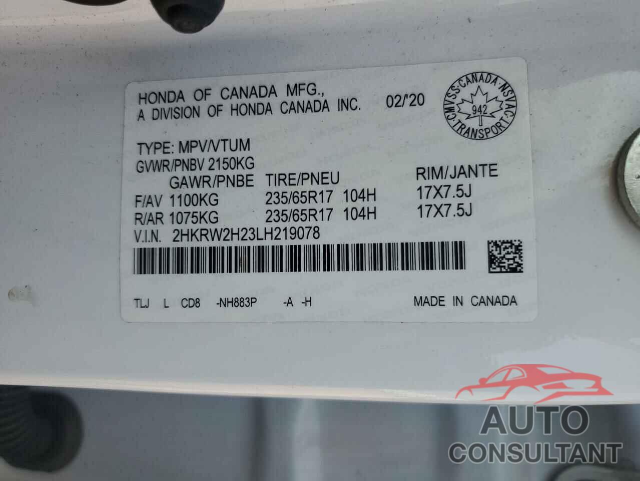 HONDA CRV 2020 - 2HKRW2H23LH219078