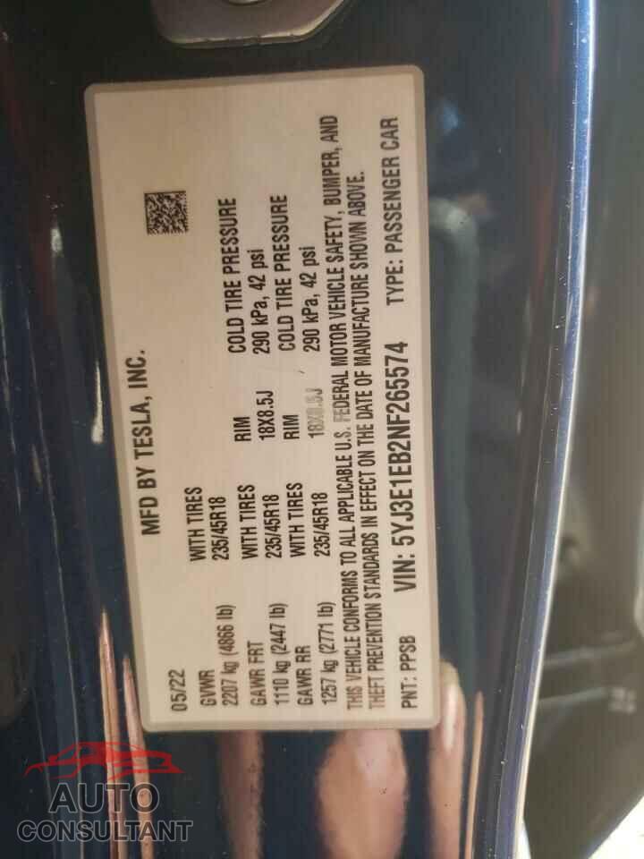TESLA MODEL 3 2022 - 5YJ3E1EB2NF265574