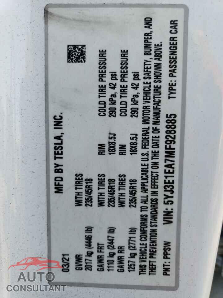 TESLA MODEL 3 2021 - 5YJ3E1EA7MF928885