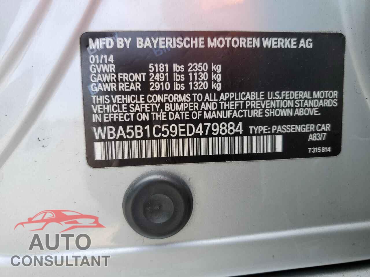 BMW 5 SERIES 2014 - WBA5B1C59ED479884