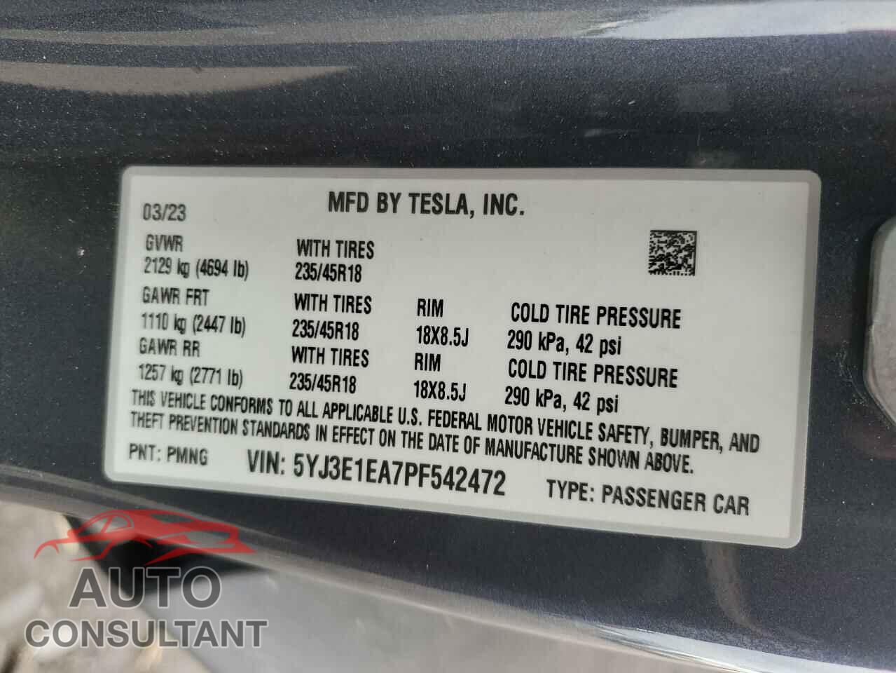 TESLA MODEL 3 2023 - 5YJ3E1EA7PF542472
