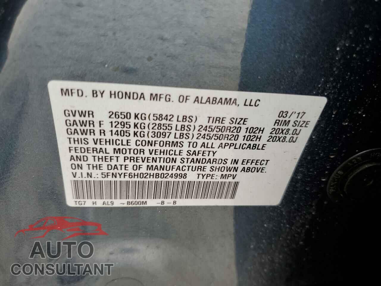 HONDA PILOT 2017 - 5FNYF6H02HB024998