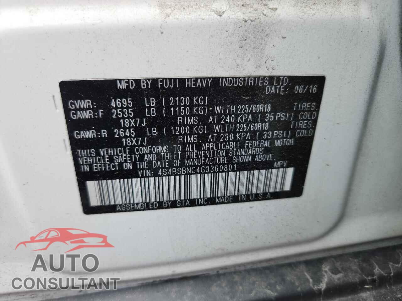 SUBARU OUTBACK 2016 - 4S4BSBNC4G3360801