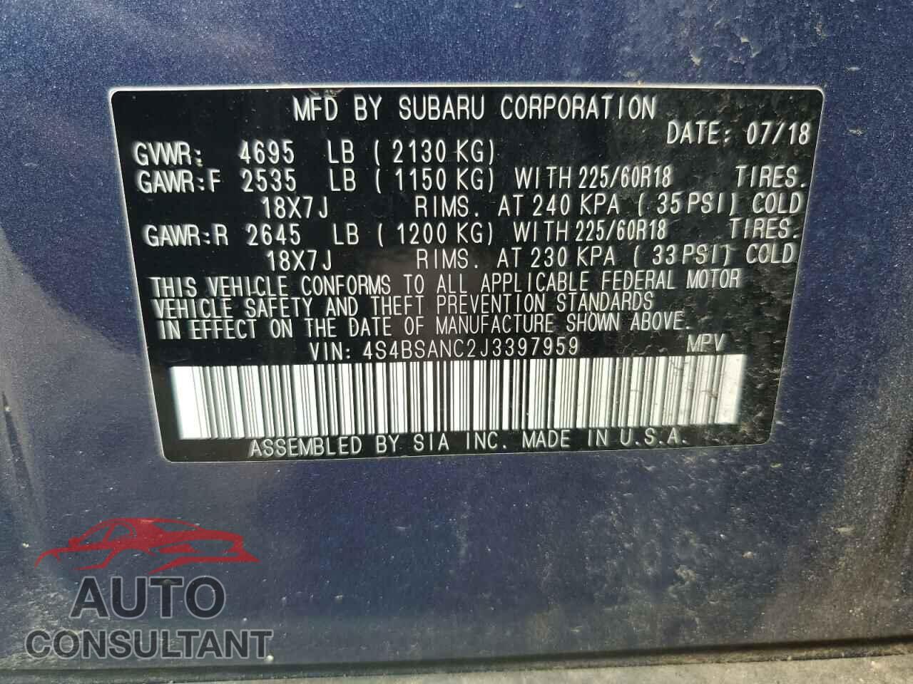SUBARU OUTBACK 2018 - 4S4BSANC2J3397959