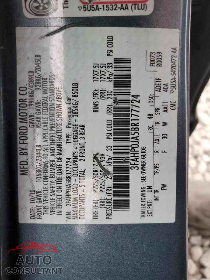 FORD FUSION 2011 - 3FAHP0JA5BR177724