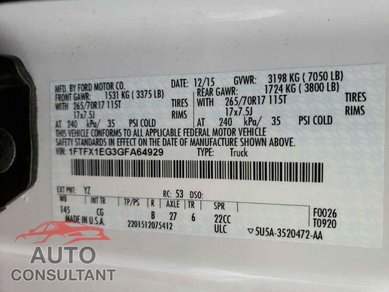 FORD F150 2016 - 1FTFX1EG3GFA64929