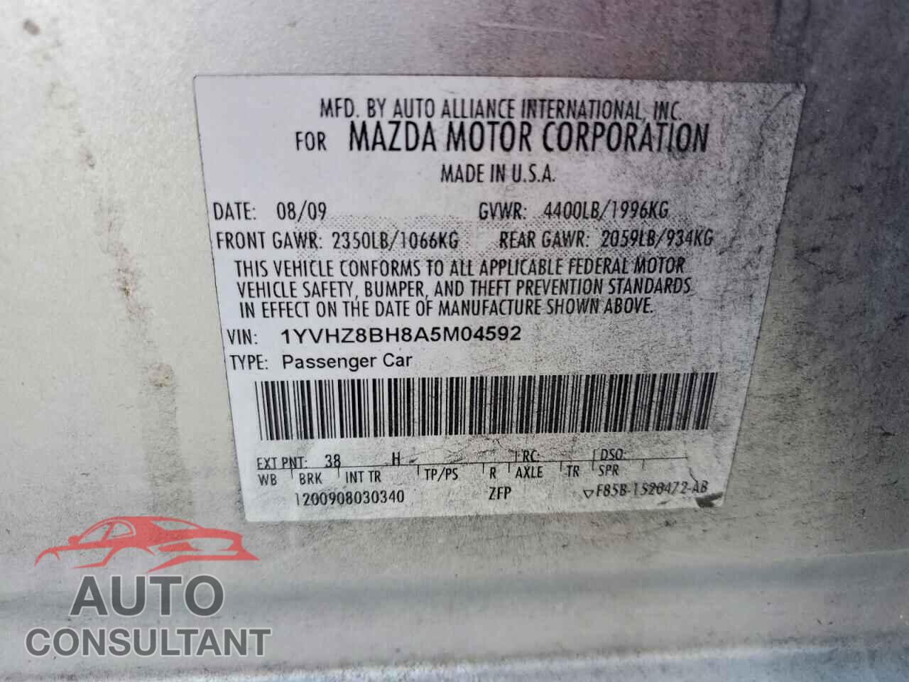 MAZDA 6 2010 - 1YVHZ8BH8A5M04592