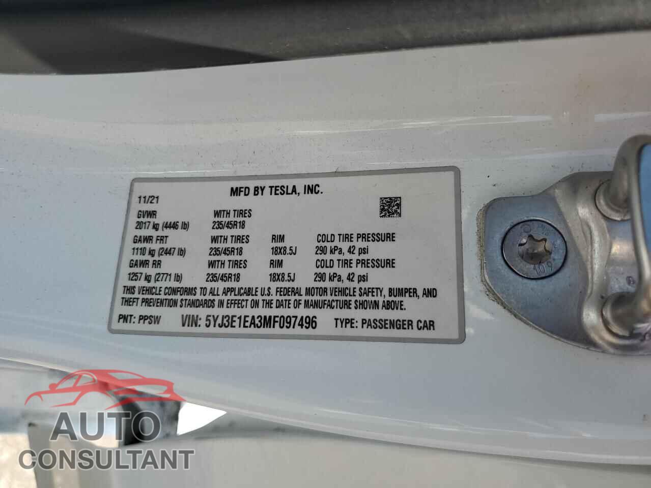 TESLA MODEL 3 2021 - 5YJ3E1EA3MF097496