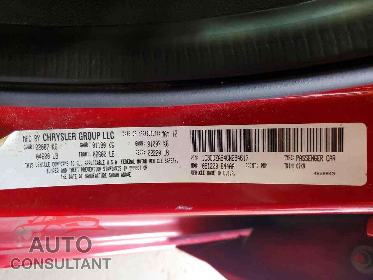 DODGE AVENGER 2012 - 1C3CDZAB4CN294617