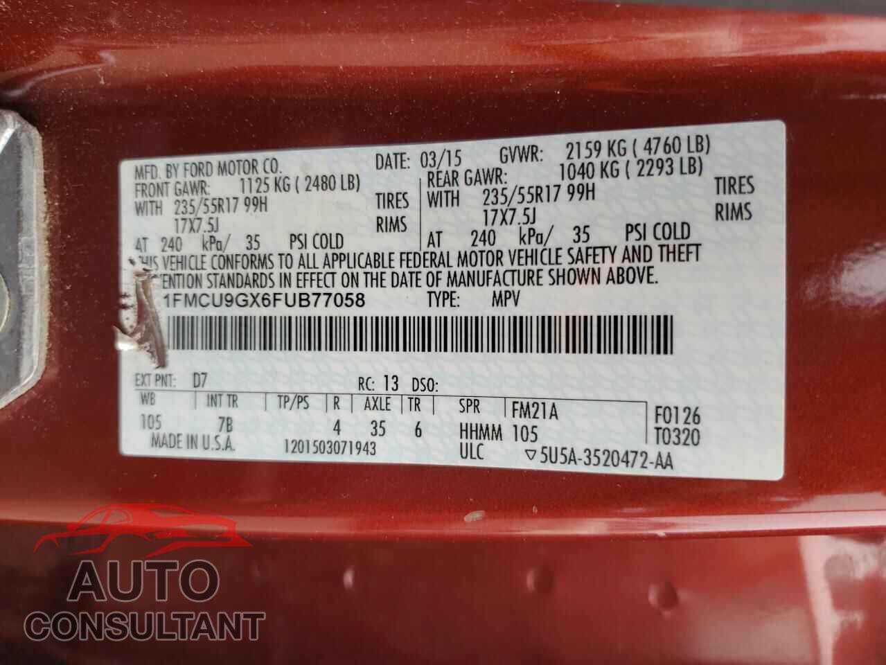 FORD ESCAPE 2015 - 1FMCU9GX6FUB77058