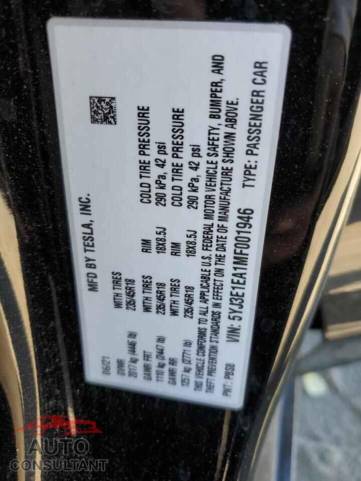 TESLA MODEL 3 2021 - 5YJ3E1EA1MF001946