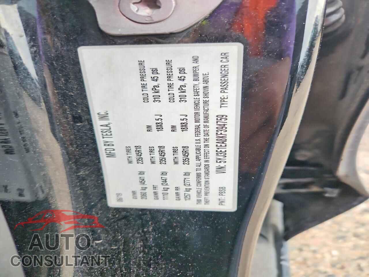 TESLA MODEL 3 2019 - 5YJ3E1EA8KF394759