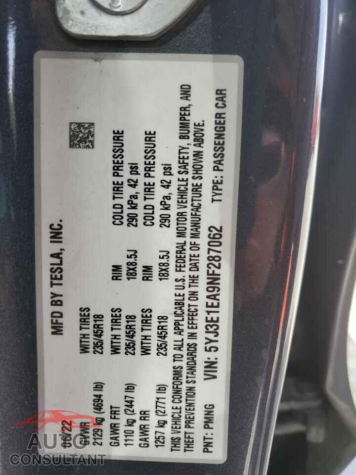 TESLA MODEL 3 2022 - 5YJ3E1EA9NF287062