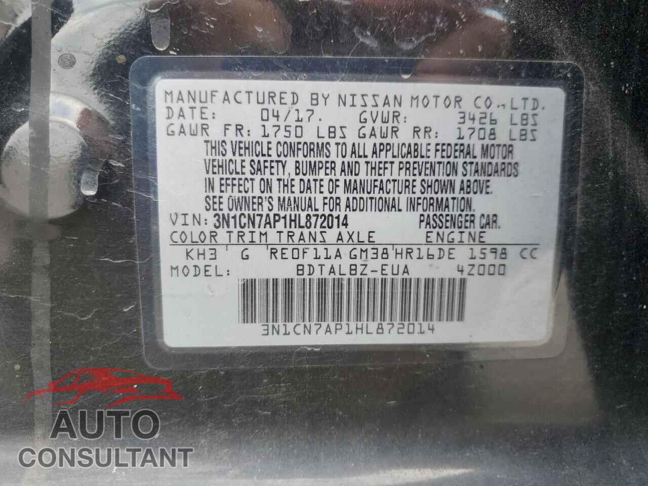 NISSAN VERSA 2017 - 3N1CN7AP1HL872014