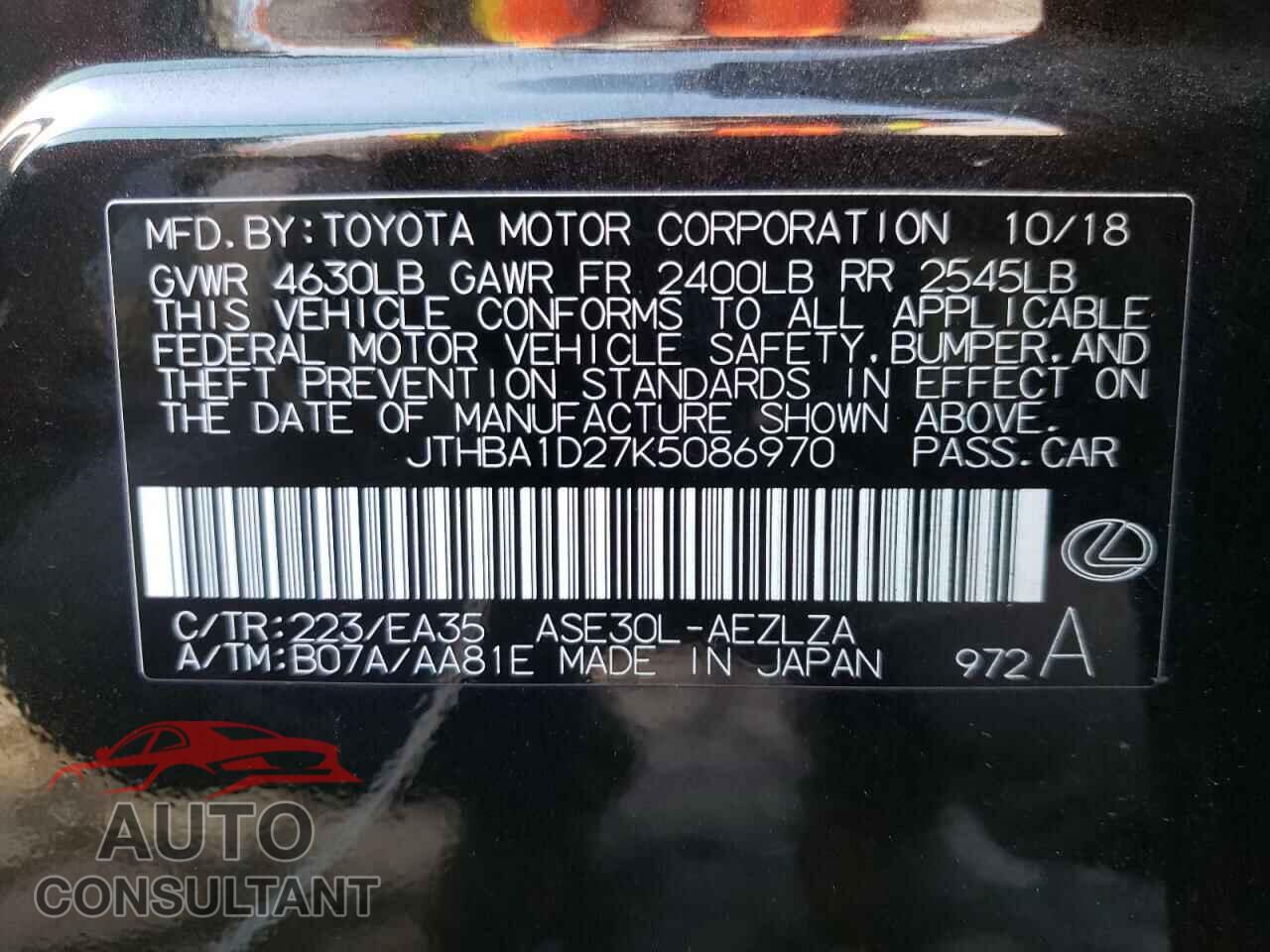 LEXUS IS 2019 - JTHBA1D27K5086970