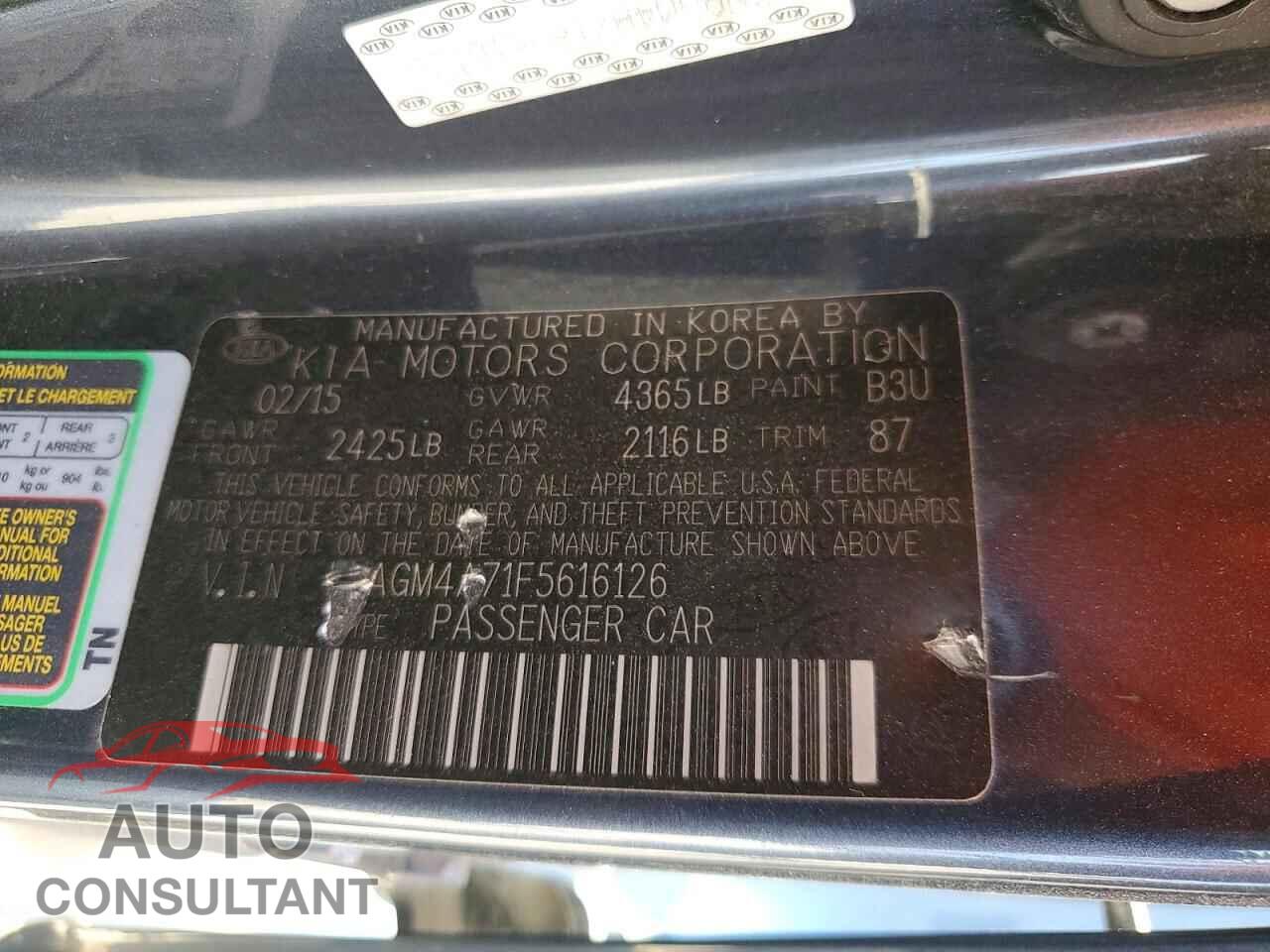KIA OPTIMA 2015 - KNAGM4A71F5616126