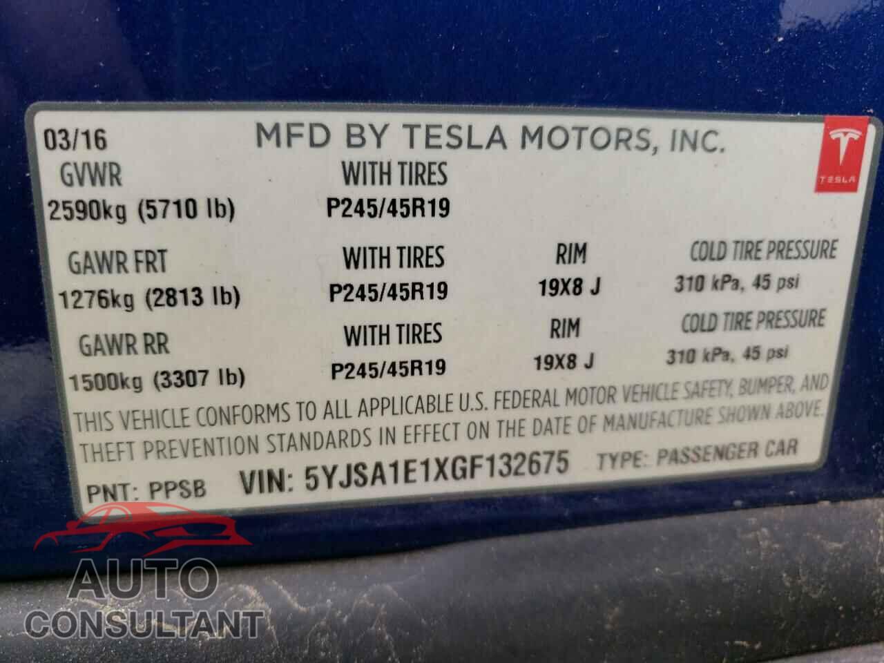 TESLA MODEL S 2016 - 5YJSA1E1XGF132675