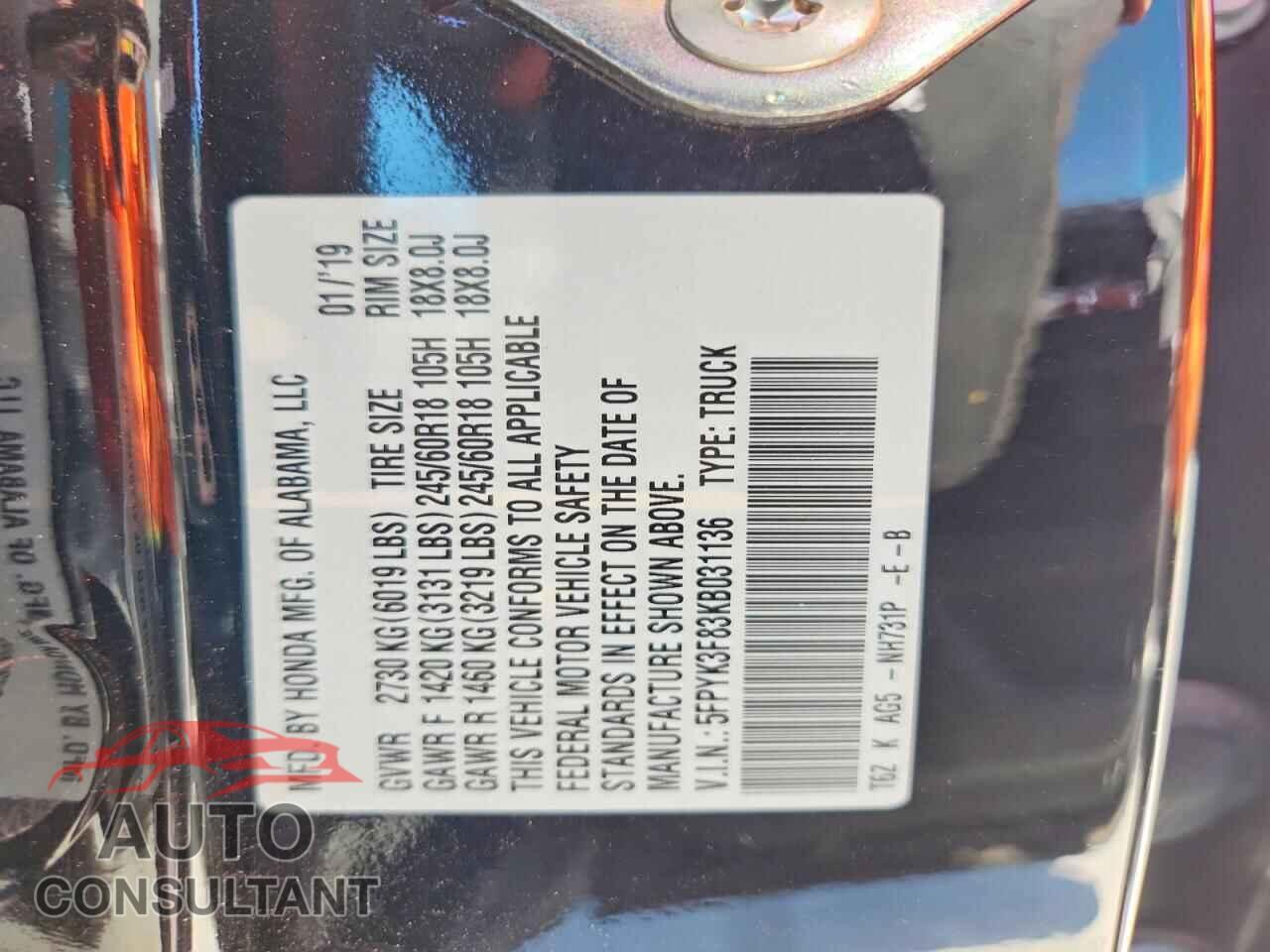 HONDA RIDGELINE 2019 - 5FPYK3F83KB031136