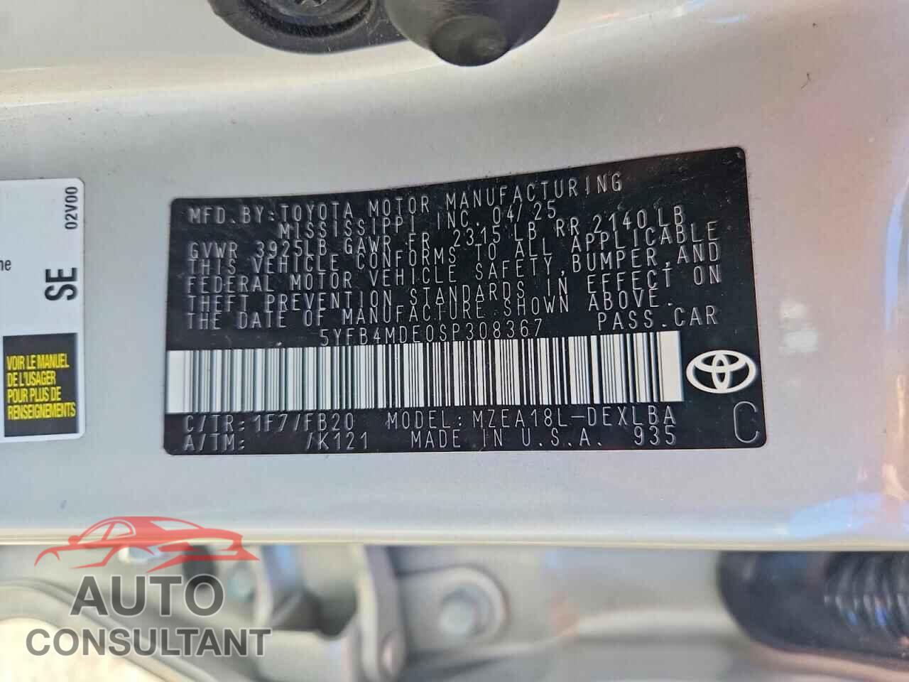TOYOTA COROLLA 2025 - 5YFB4MDE0SP308367